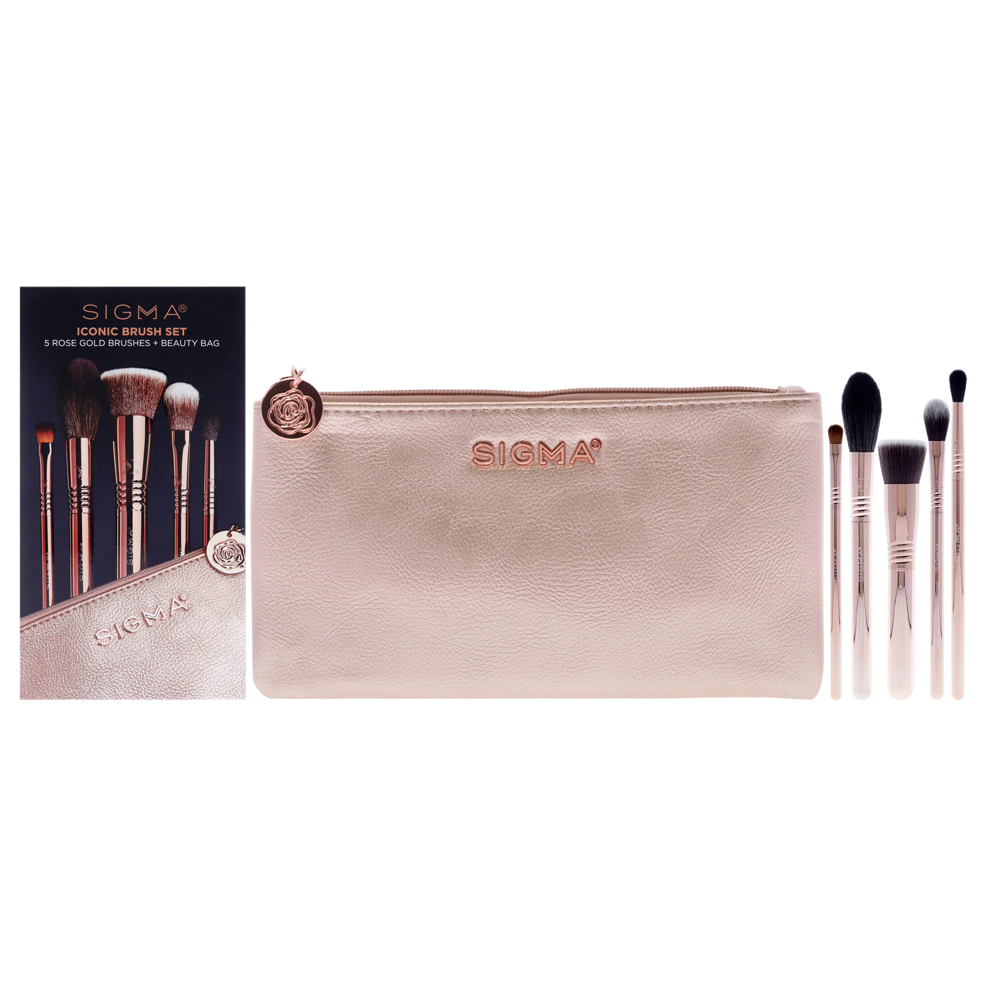 Iconic Brush Set - Rose Gold by SIGMA for Women - 6 Pc Flat Kabuki Brush - F80, Spotlight Duster Brush - F37, Diffused Crease - E38, Medium Sweeper Brush - E54, High Cheekbone Highlighter Brush - F03, Bag - Olabens
