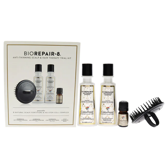 ColorProof BioRepair-8 Anti-Aging Scalp and Hair Therapy Kit by ColorProof for Unisex - 4 Pc Kit 2oz Anti-Thinning Shampoo, 2oz Anti-Thinning Conditioner, 0.17oz Stem Cell Scalp Serum, Scalp Exfoliating Brush - Olabens
