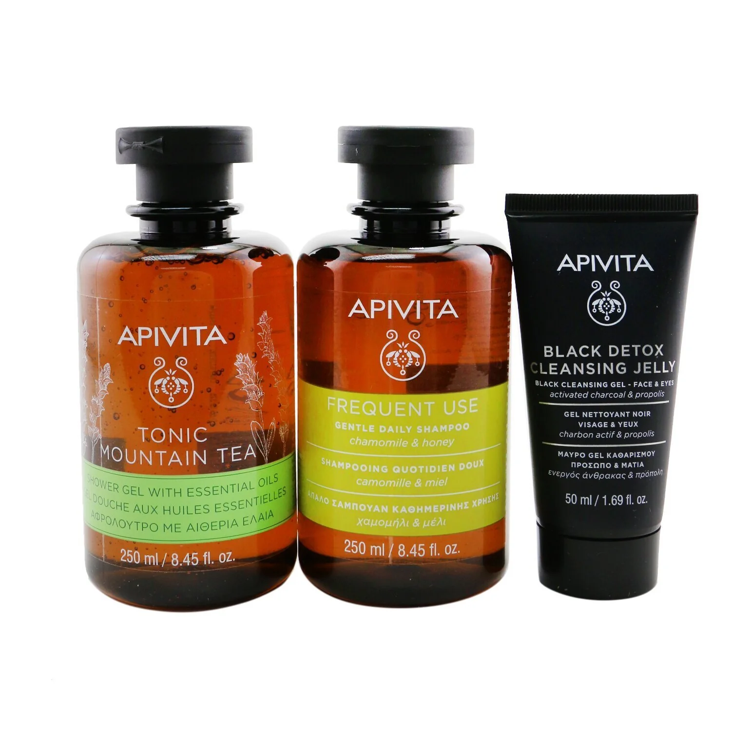 Apivita Nature's Greetings Set: Tonic Mountain Tea Shower Gel 250ml+ Gentle Daily Shampoo 250ml+ Black Cleansing Gel 50ml (Exp. Date: 05/2023)  3pcs - Olabens