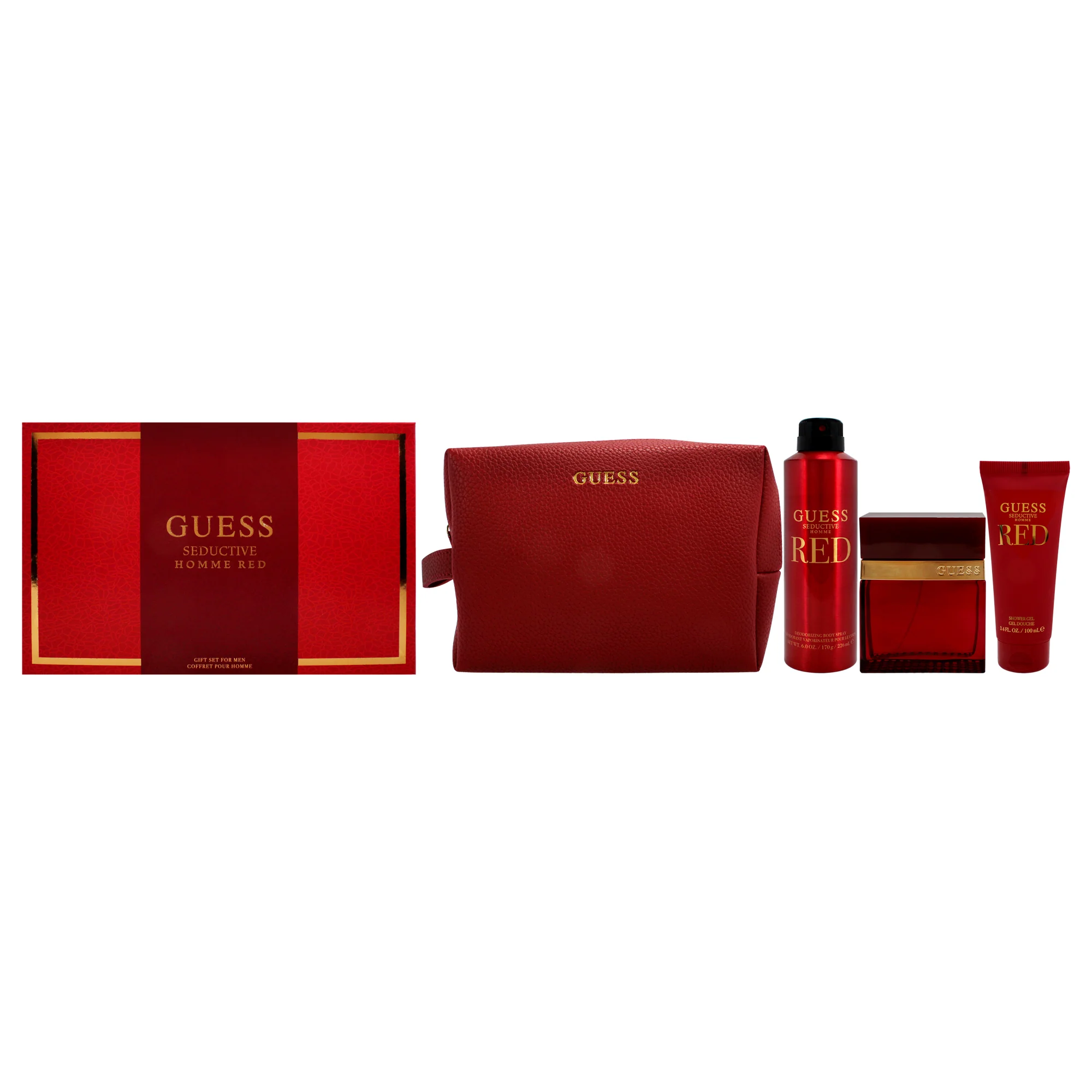 Guess Seductive Red by Guess for Men - 4 Pc Gift Set 3.4oz EDT Spray, 6oz Body Spray, 3.4oz Shower Gel, Pouch - Olabens