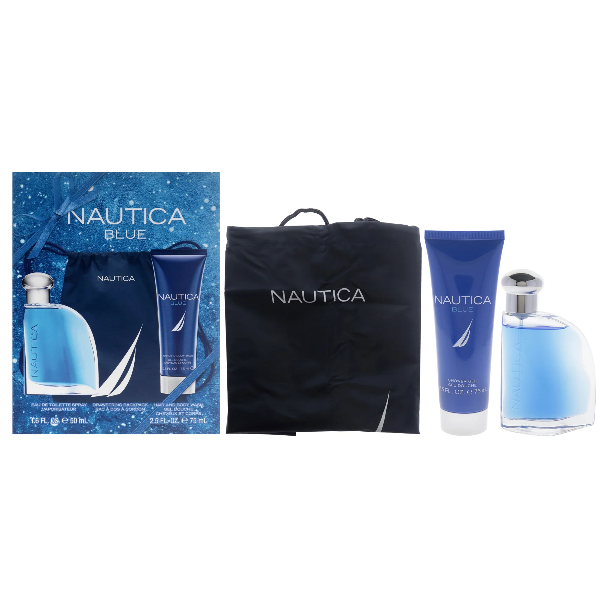 Nautica Blue by Nautica for Men - 3 Pc Gift Set 1.6oz EDT Spray, 2.5oz Hair and Body Wash, Drawstring Backpack - Olabens
