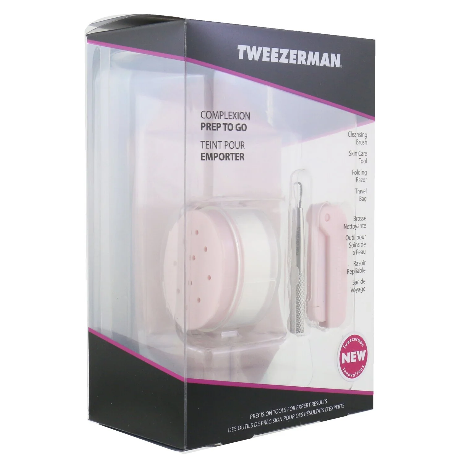 Tweezerman Complexion Prep To Go Set: Cleansing Brush + Skin Care Tool + Folding Razor + Travel Bag  3pcs + 1 Bag - Olabens