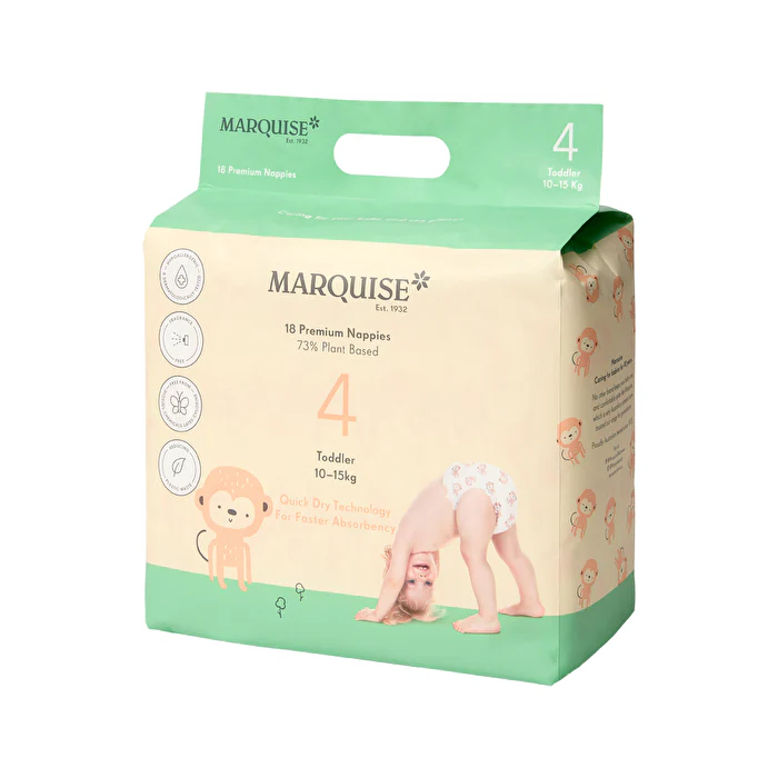 Marquise Premium Nappies (73% Plant Based) Toddler Size 4 (10-15kg) x 18 Pack - Olabens