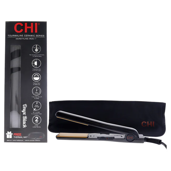 CHI Tourmaline Ceramic Hairstyling Flat Iron - CA1010 - Onyx Black by CHI for Unisex - 1 Inch Flat Iron - Olabens