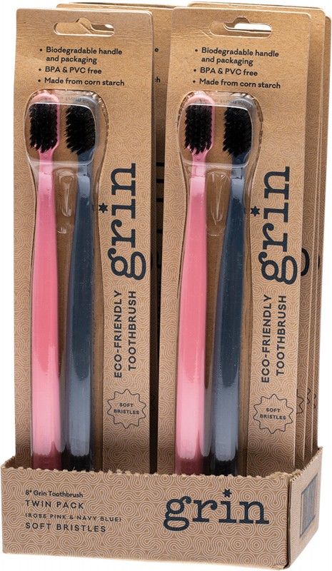grin Biodegradable Toothbrush Soft Pink & Navy Twin Pack - Olabens