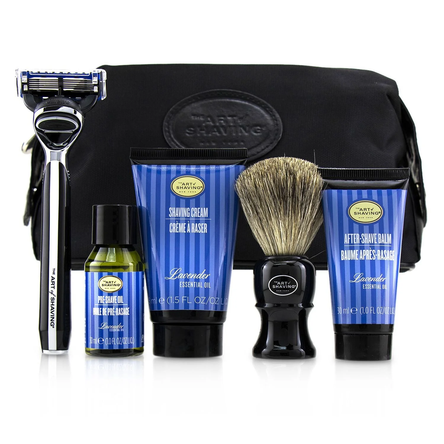 The Art Of Shaving The Four Elements of The Perfect Shave Set with Bag - Lavender: Pre Shave Oil + Shave Crm + A/S Balm + Brush + Razor  5pcs+1Bag - Olabens