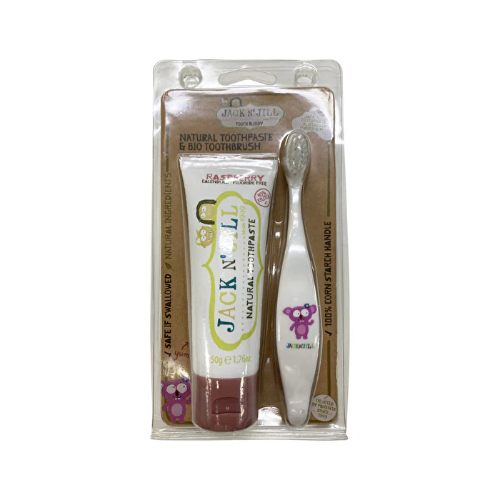 Jack N' Jill Natural Toothpaste & Bio Toothbrush Pack (contains: Bio Toothbrush Koala & Natural Calendula Toothpaste Raspberry ) 50g - Olabens