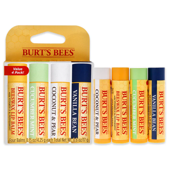 Burts Bees Beeswax Bounty Set - Assorted Mix by Burts Bees for Unisex - 4 Pc Set 4 x 0.15oz Lip Balm Beeswax, Vanilla Bean, Cucumber Mint, Coconut Pear - Olabens