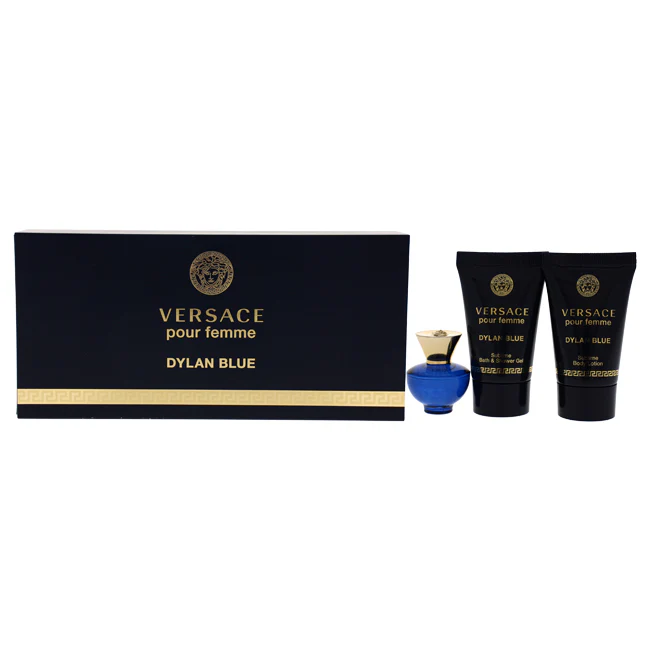 Versace Dylan Blue by Versace for Women - 3 Pc Mini Gift Set 0.17oz EDP Spray, 0.8oz Sublime Body Lotion, 0.8oz Sublime Bath and Shower Gel - Olabens