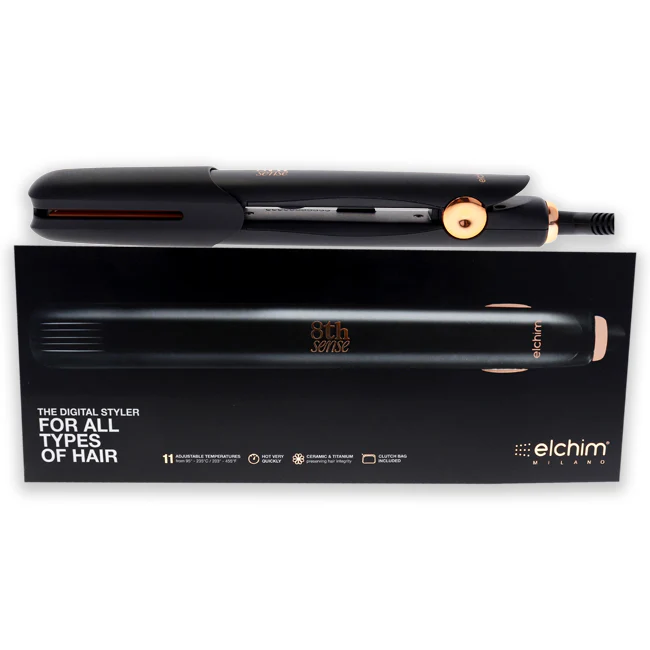 8th Sense Styler Flat Iron - Black by Elchim for Unisex - 2 Pc 1 Inch Flat Iron, Clutch Bag - Olabens