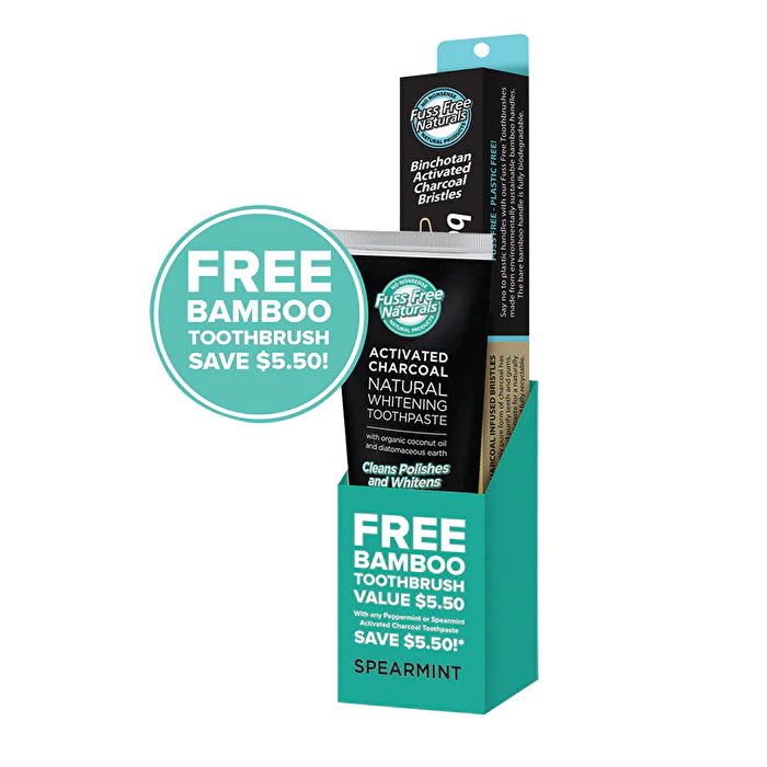 Essenzza Fuss Free Naturals Activated Charcoal Toothpaste Spearmint BONUS Bamboo Toothbrush 113g - Olabens