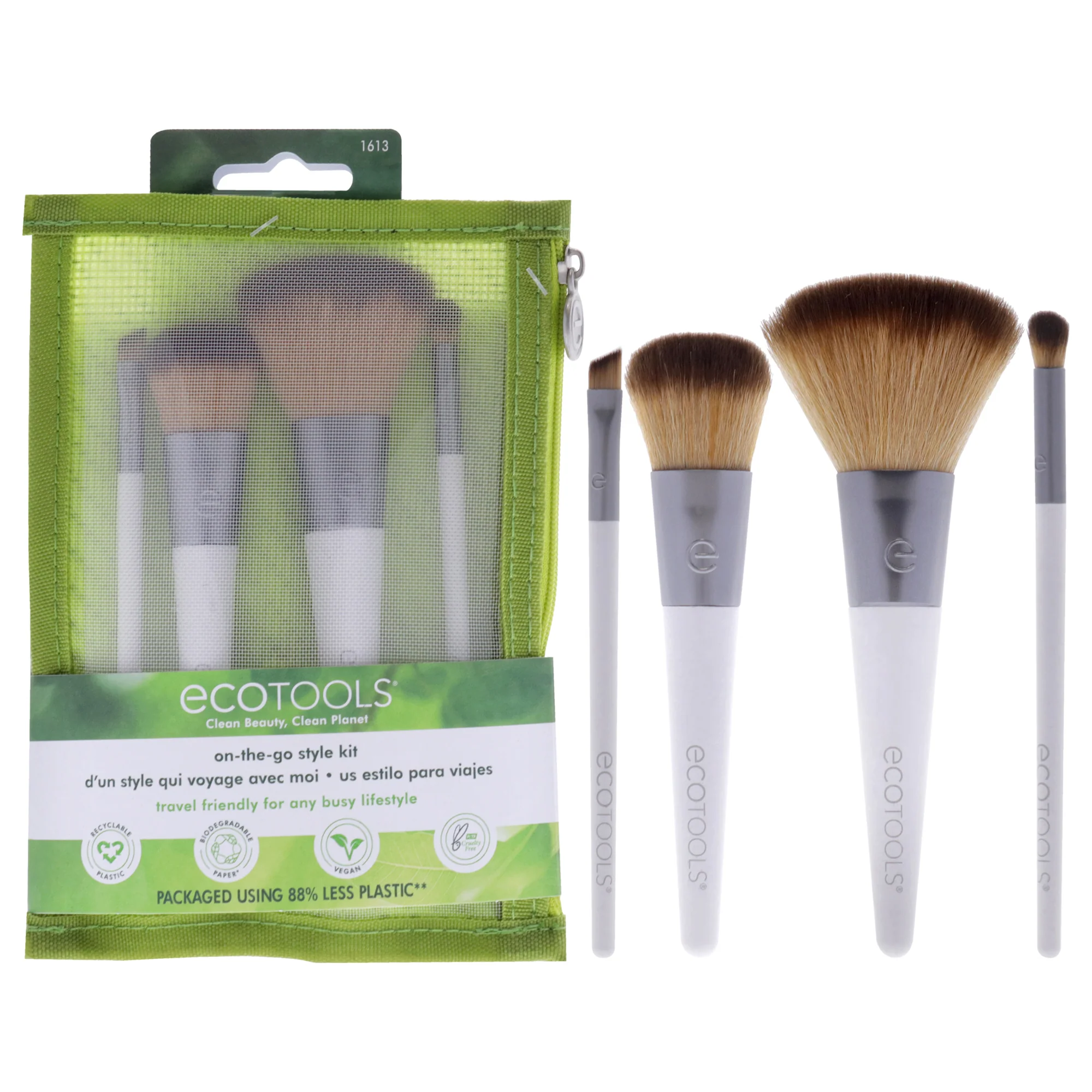 On-The-Go Style Brush Kit by Ecotools for Women - 4 Pc Complexion Blending Brush, Multitasking Blush Brush, Micro Crease Brush, Angled Liner Brush - Olabens