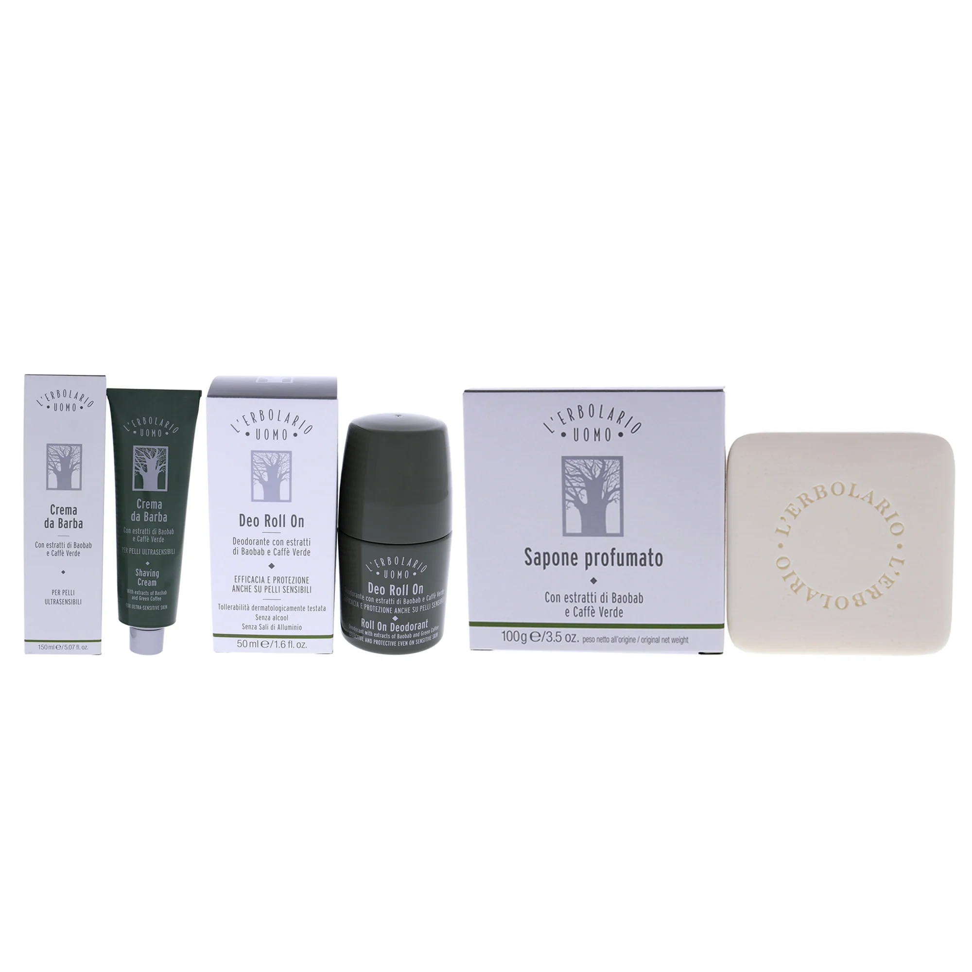 Uomo Kit by LErbolario for Men - 3 Pc Kit 5.07oz Shaving Cream, 1.6oz Deodorant Roll-On, 3.5oz Baobab Soap - Olabens