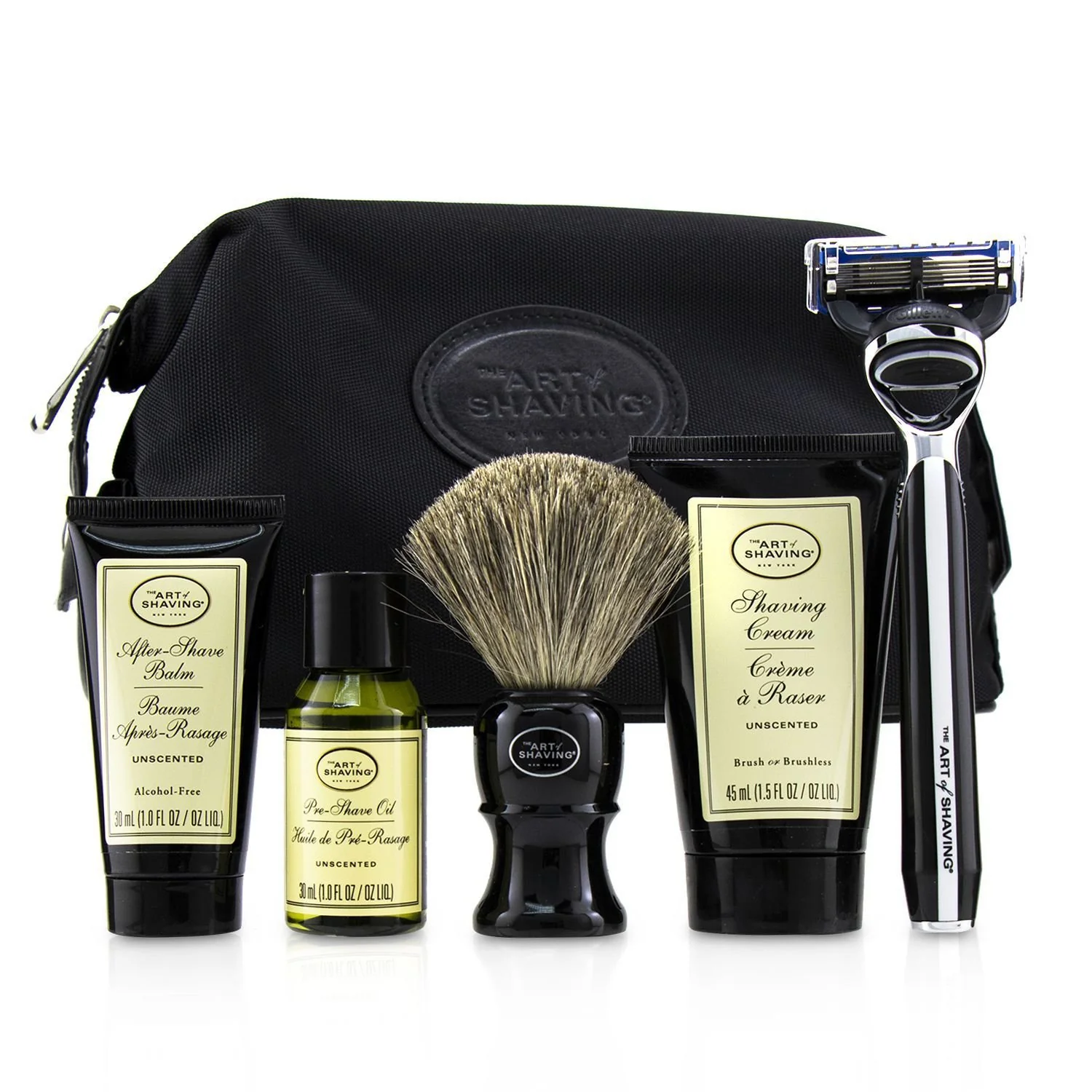The Art Of Shaving The Four Elements of The Perfect Shave Set with Bag - Unscented: Pre Shave Oil + Shave Crm + A/S Balm + Brush + Razor  5pcs+1Bag - Olabens
