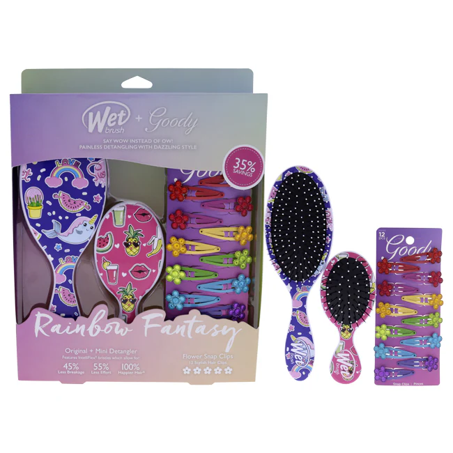 Wet Brush Rainbow Fantasy Goody Kit by Wet Brush for Unisex - 3 Pc 1 Mini Detangler, 1 Original Detangler, 12x Flower Snap Clips - Olabens