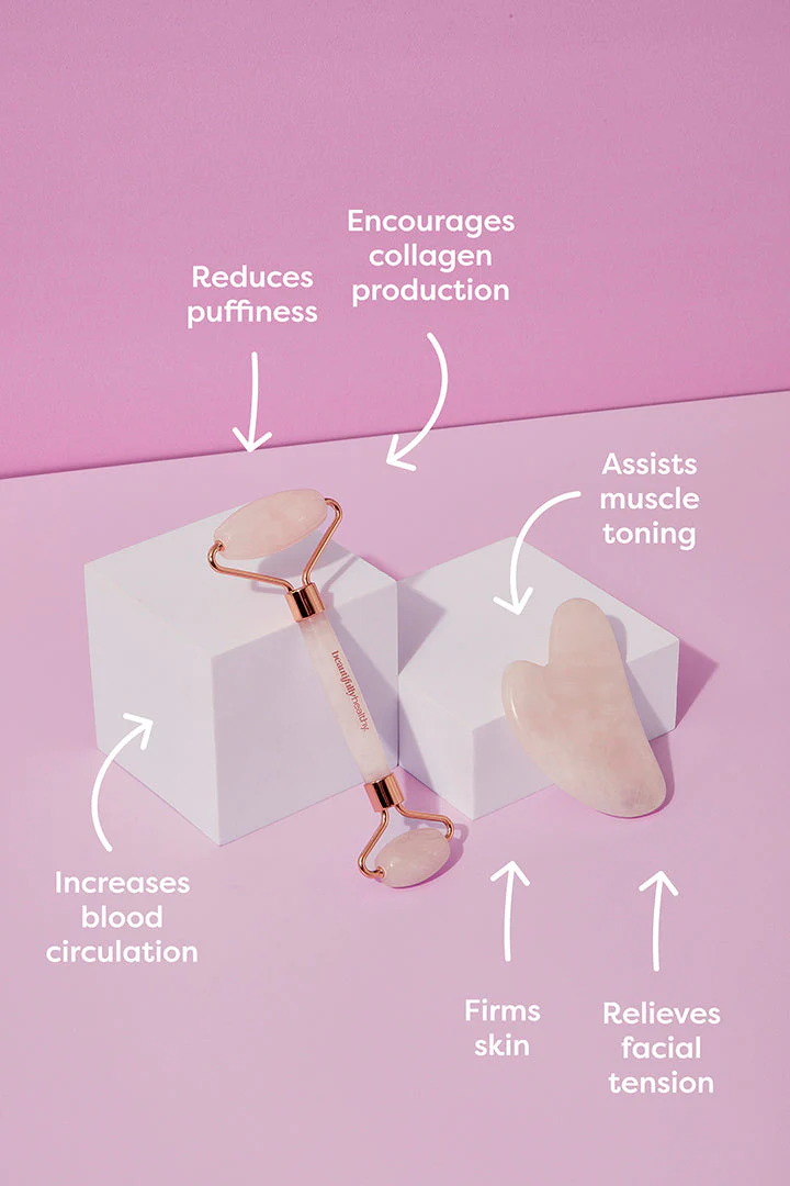 Beautifully Healthy Rose Quartz Massage Set (Gua Sha Stone And Roller) - Olabens
