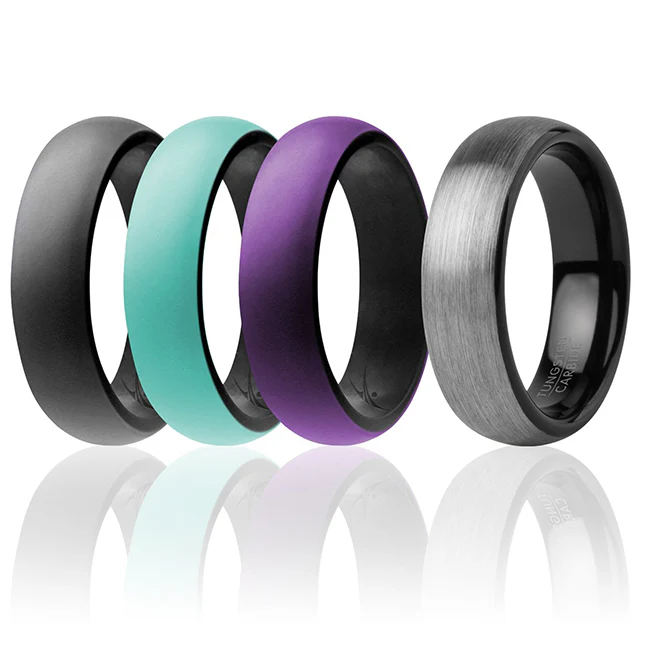 Silicone Wedding Twin Brushed 6mm Ring Set - Turquoise by ROQ for Women - 4 x 6 mm Ring - Olabens