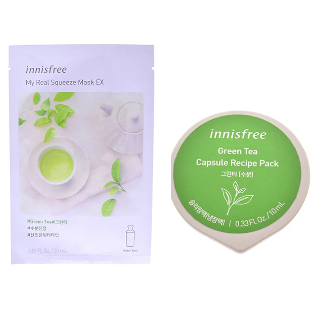 Innisfree Innisfree Mask - Green Tea Kit by Innisfree for Unisex - 2 Pc Kit 0.67oz My Real Squeeze Mask - Green Tea, 0.33oz Capsule Recipe Pack Mask - Green Tea - Olabens