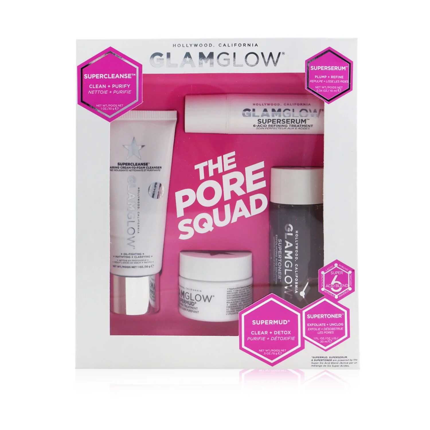 Glamglow The Pore Squad Set: 1x Supercleanse Clearing Cream-To-Foam Cleanser - 30g/1oz + 1x Superserum 6-Acid Refining Treatment - 10ml/0.34oz + 1x Supermud Clearing Treatment - 15g/0.5oz +  1x Supertoner Exfoliating Acid Solution - 30ml/1oz  4pcs - Olabens