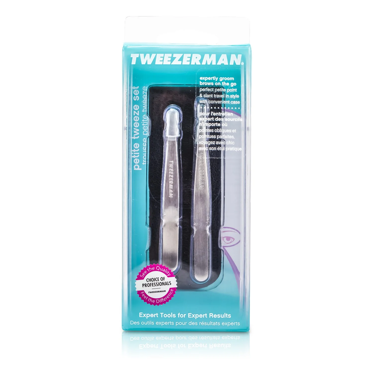 Tweezerman Petite Tweeze Set: Slant Tweezer + Point Tweezer - (Regency Finish w/ Silver Leather Case)  2pcs - Olabens