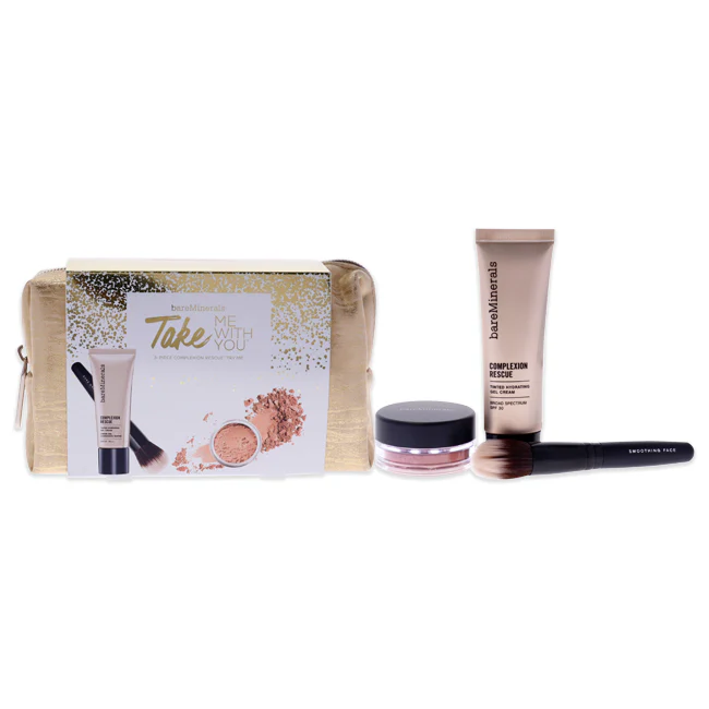 bareMinerals Take Me With You - 07 Tan by bareMinerals for Women - 4 Pc Set 0.03oz Blush - Golden Gate, 0.68oz Complexion Rescue Tinted Hidrating Gel Cream SPF 30 - 07 Tan, Smoothing Face Brush, Makeup Bag - Olabens