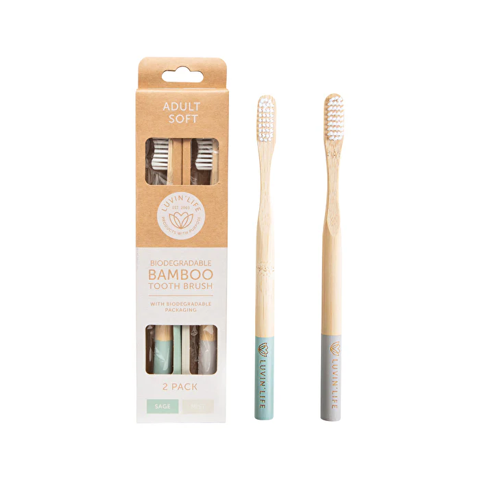 Luvin Life Luvin' Life Biodegradable Bamboo Toothbrush Adult Soft (2 Colour Pack) Sage & Mist x 2 Pack - Olabens