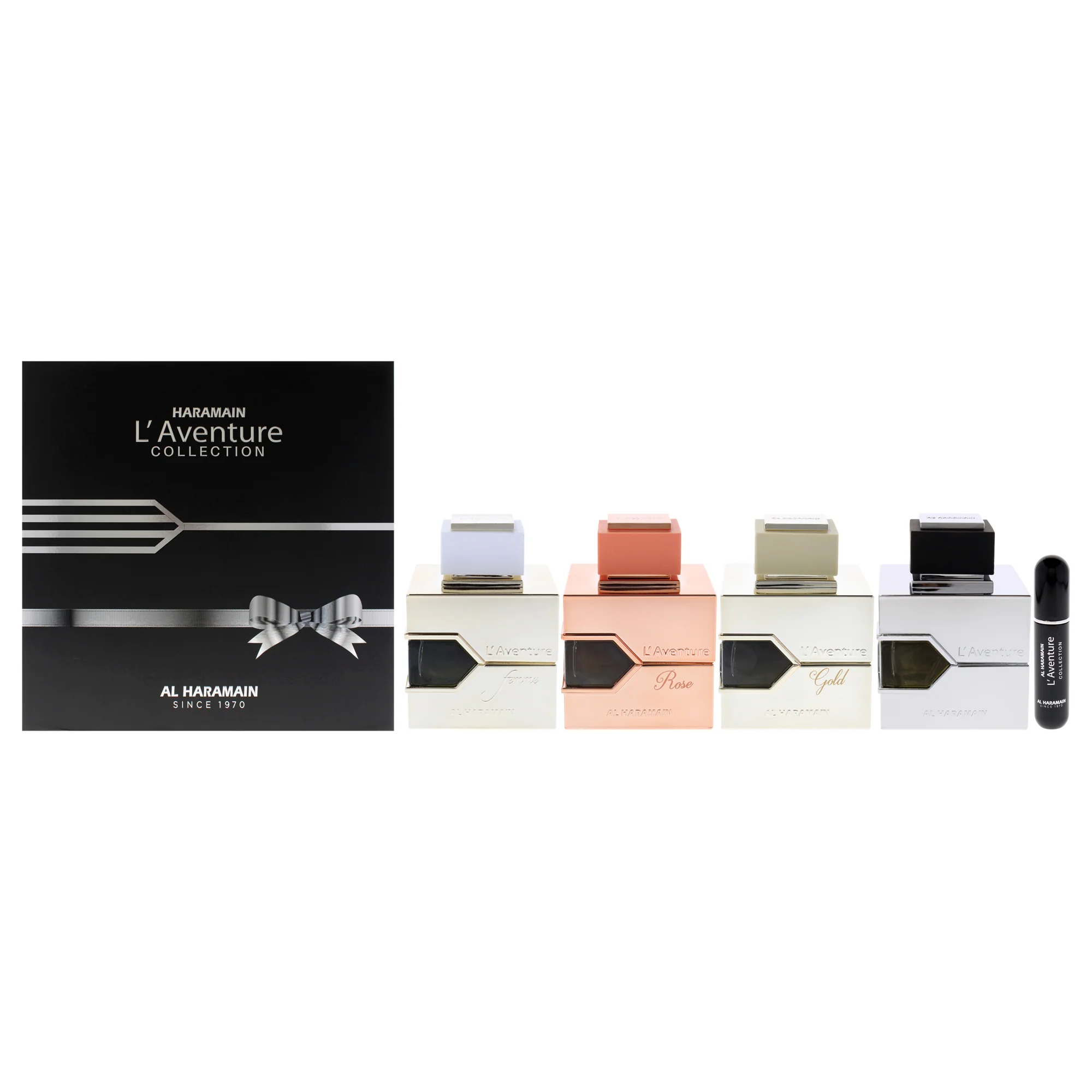 LAventure Collection by Al Haramain for Unisex - 4 Pc Gift Set 3.4oz EDP Spray Laventure, 3.4oz Femme EDP Spray, 3.4oz Rose EDP Spray, 3.4oz Gold With Atomizer - Olabens