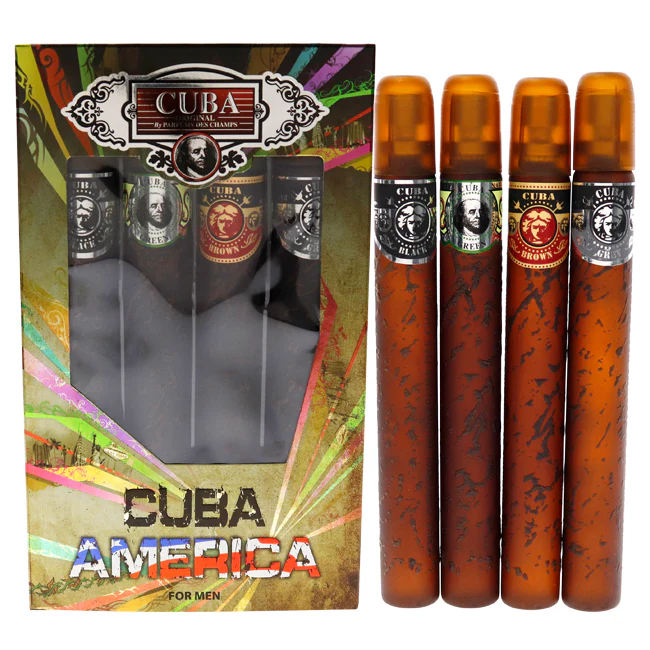Cuba America by Cuba for Men - 4 Pc Gift Set 1.17oz EDT Spray Black, 1.17oz EDT Spray Green, 1.17oz EDT Spray Brown, 1.17oz EDT Spray Grey - Olabens