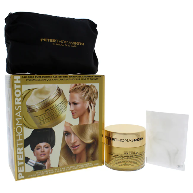 Peter Thomas Roth 24K Gold Pure Luxury Age-Defying Hair Mask Bonnet System by Peter Thomas Roth for Unisex - 1 Pc Kit 4.9oz 24K Gold Pure Luxury Age-Defying Hair Mask, Signature PTR Bonnet, 6 Pc Shower Caps - Olabens