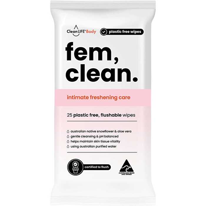 Cleanlife Fem Clean Intimate Flushable Plastic Free Wipes 25pk - Olabens