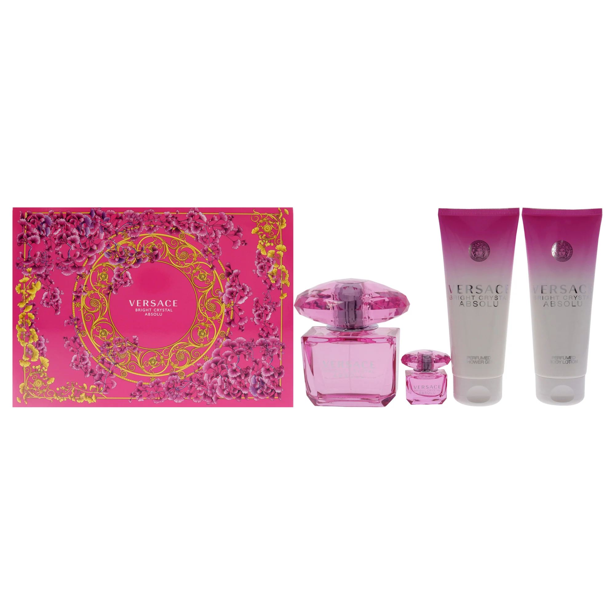 Bright Crystal Absolu by Versace for Women - 4 Pc Gift Set 3oz EDP Spray, 5ml EDP Spray Mini, 3.4oz Shower Gel, 3.4oz Body Lotion - Olabens