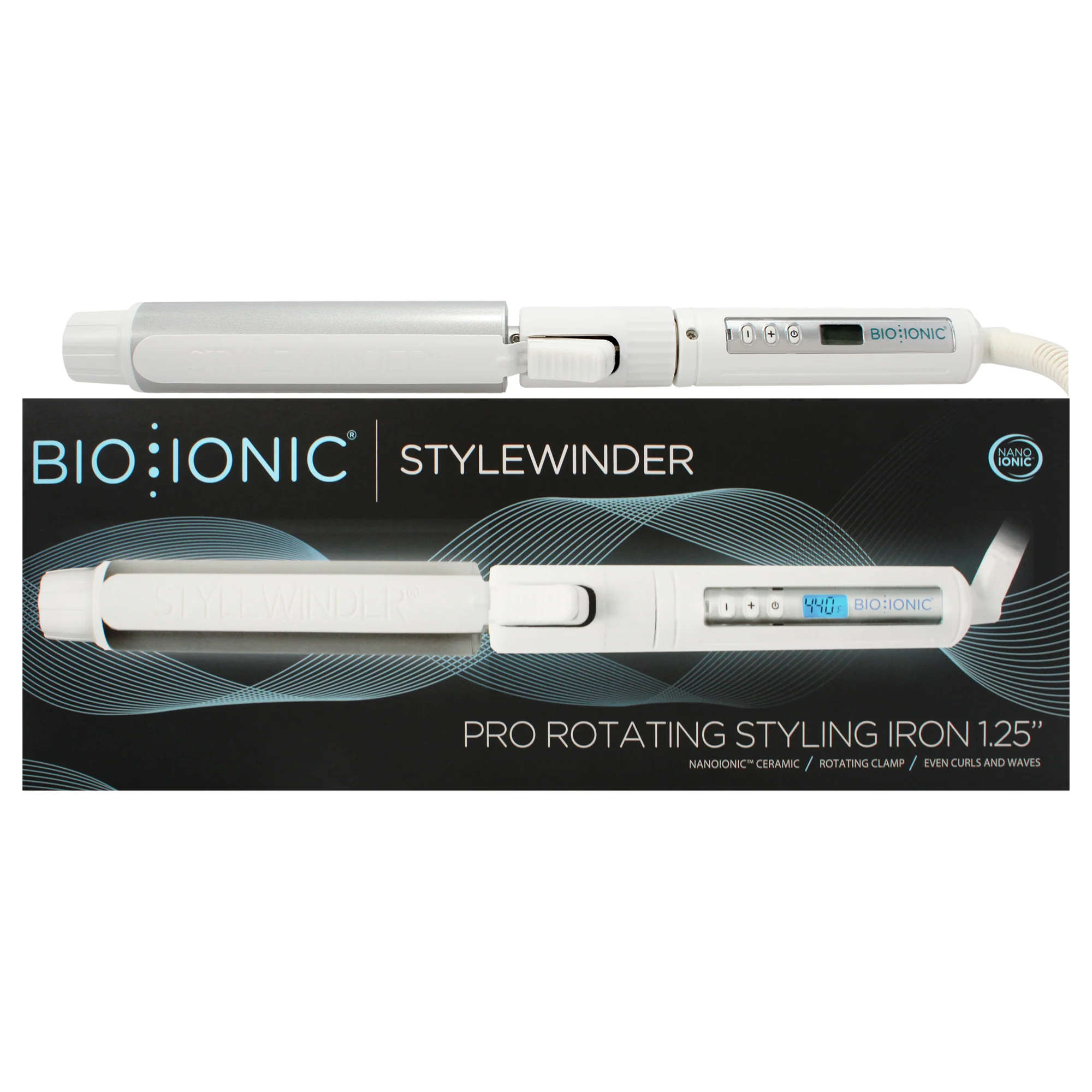 Stylewinder Pro Rotating Styling Iron - White by Bio Ionic for Women - 1.25 inch Curling Iron - Olabens