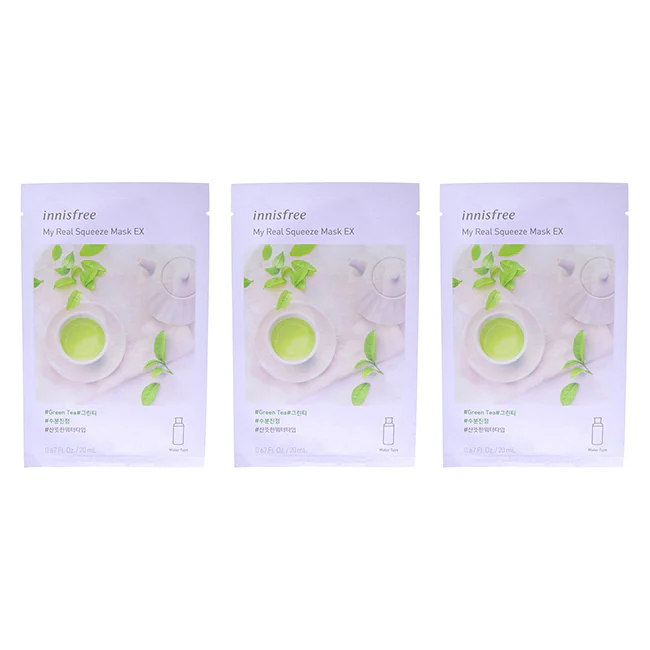 Innisfree My Real Squeeze Mask - Green Tea by Innisfree for Unisex - 0.67 oz Mask - Pack of 3 - Olabens