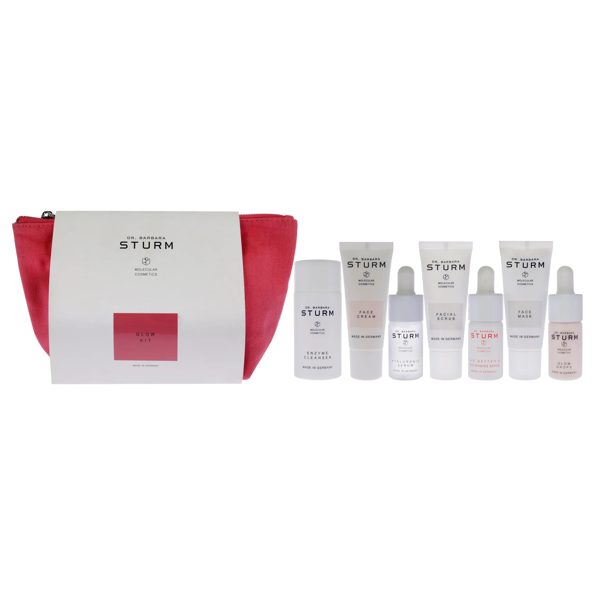 Dr. Barbara Sturm Glow Kit by Dr. Barbara Sturm for Women - 8 Pc 0.7oz Enzyme Cleanser, 0.67oz Facial Scrub, 0.67oz Face Mask, 0.33oz Hyaluronic Scrum, 0.33oz The Better B Niacinamide Serum, 0.67oz Face Cream, 0.33oz Glow Drops, Pouch - Olabens