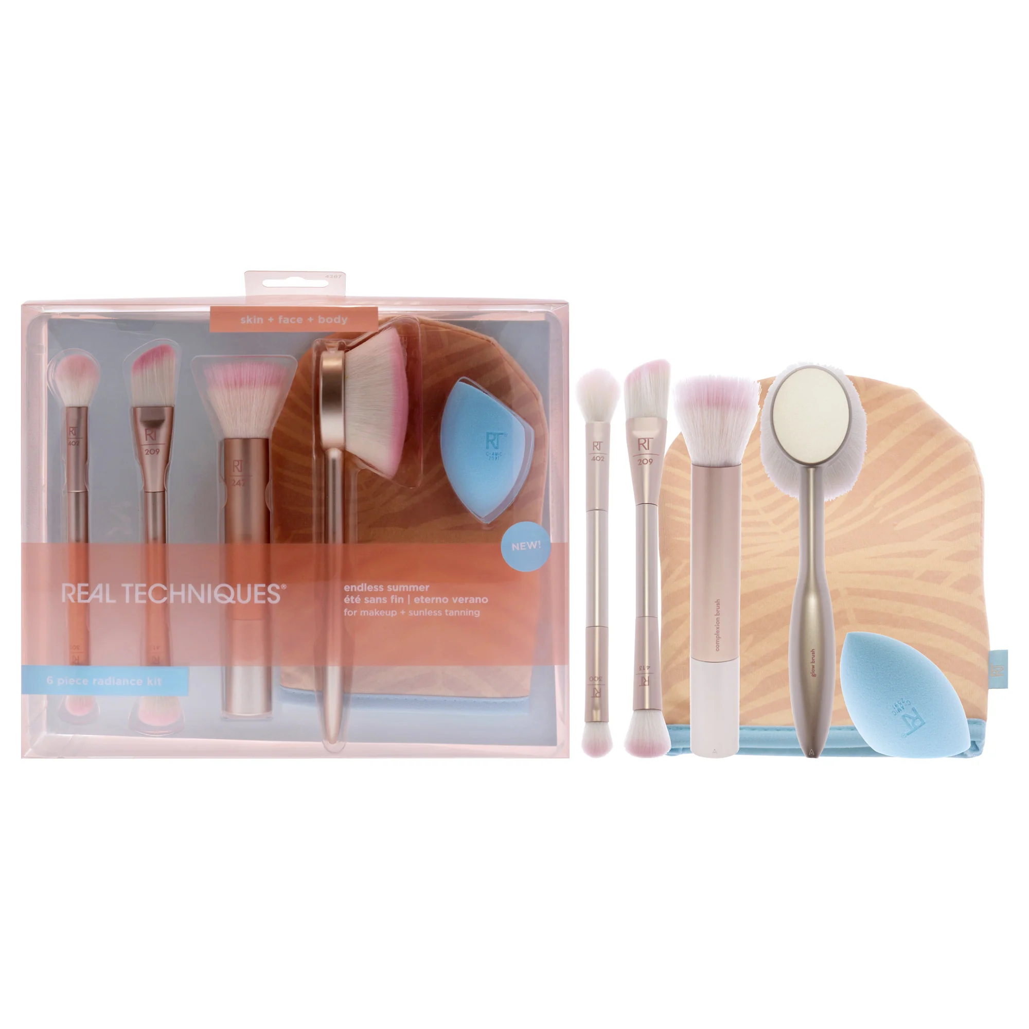 Endless Summer Makeup Brush Set by Real Techniques for Women - 8 Pc Foundation Brush - 209, Highlighter Brush - 413, Setting Brush - 402, Deluxe Crease Brush - 300, Glow Brush - 248, Complexion Brush - 247, Sunless Tanning Mitt - Olabens