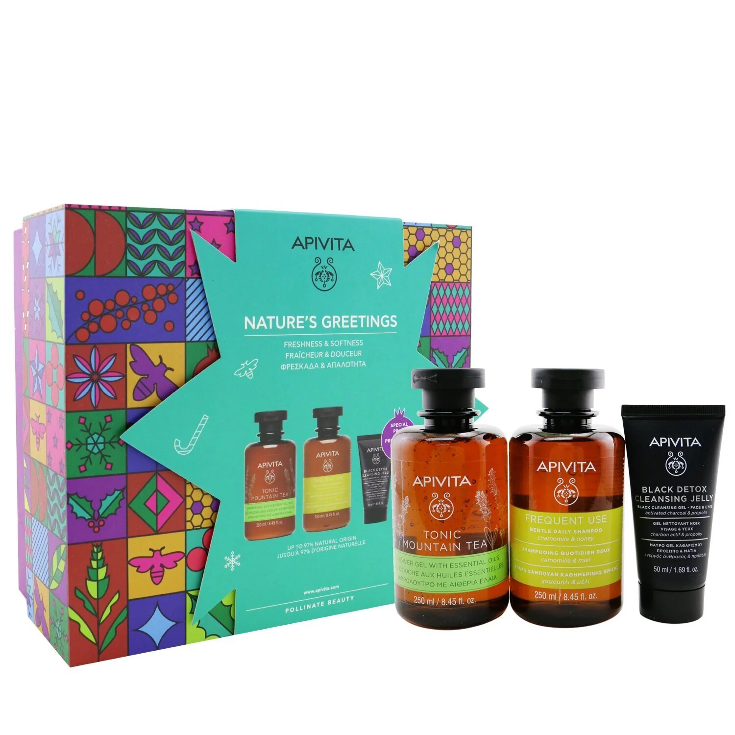 Apivita Nature's Greetings Set: Tonic Mountain Tea Shower Gel 250ml+ Gentle Daily Shampoo 250ml+ Black Cleansing Gel 50ml (Exp. Date: 05/2023)  3pcs - Olabens
