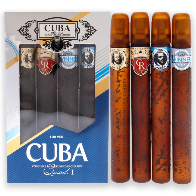 Cuba Quad I by Cuba for Men - 4 Pc Gift Set 1.17oz Cuba Gold EDT Spray, 1.17oz Cuba Royal EDT Spray, 1.17oz Cuba Winner EDT Spray, 1.17oz Cuba Shadow EDT Spray - Olabens