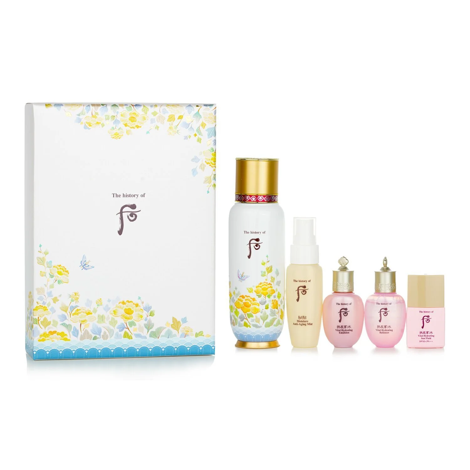 Whoo (The History Of Whoo) Bichup First Moisture Anti-Aging Essence Special Set: Essence 130ml + Mist 30ml + Balancer 20ml + Emulsion 20ml + Sun Fluid SPF50+ 13ml (Exp. Date: 03/2023)  5pcs - Olabens