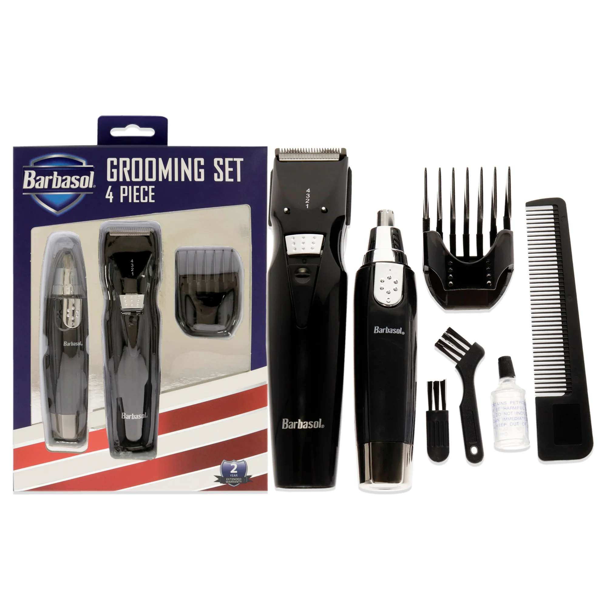 Grooming Set by Barbasol for Men - 5 Pc Body and Beard Trimmer, Guide Comb, Ear and Nose Trimmer, Rechargeable UL Adapter, Cleaning Brush, Oil - Olabens