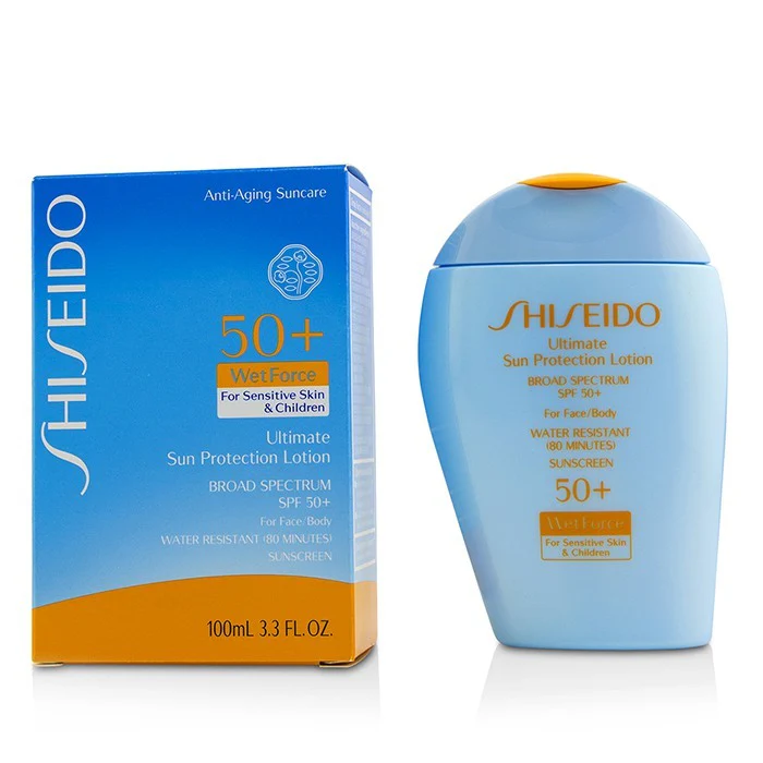 Shiseido Ultimate Sun Protection Lotion WetForce For Face & Body SPF 50+ - For Sensitive Skin & Children 100ml/3.3oz - Olabens