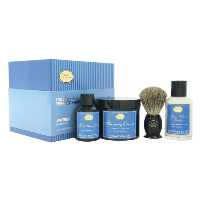 The Art of Shaving The 4 Elements of The Perfect Shave Kit - Lavender by The Art of Shaving for Men - 4 Pc Kit 2oz Pre-Shave Oil, 5oz Shaving Cream , 3.3oz After-Shave Balm , Pure Badger Black Shaving Brush - Olabens