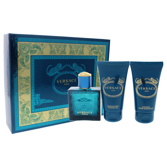 Versace Eros by Versace for Men - 3 Pc Gift Set 1.7 oz EDT Spray, 1.7 oz Comfort After Shave Balm, 1.7 oz Invigorating Shower Gel - Olabens