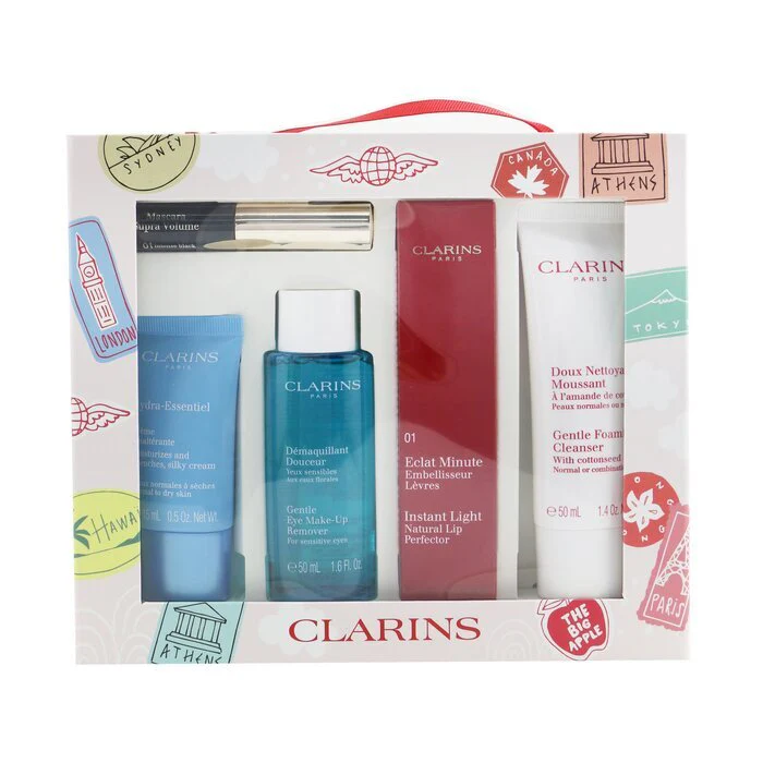 Clarins With Love From Suitcase Set (1x Eclat Minute Instant Light Natural Lip Perfector 01, 1x Gentle Foaming Cleanser, 1x Gentle Eye Makeup Remover, 1x Cream, 1x Supra Volume Mascara) 5pcs - Olabens