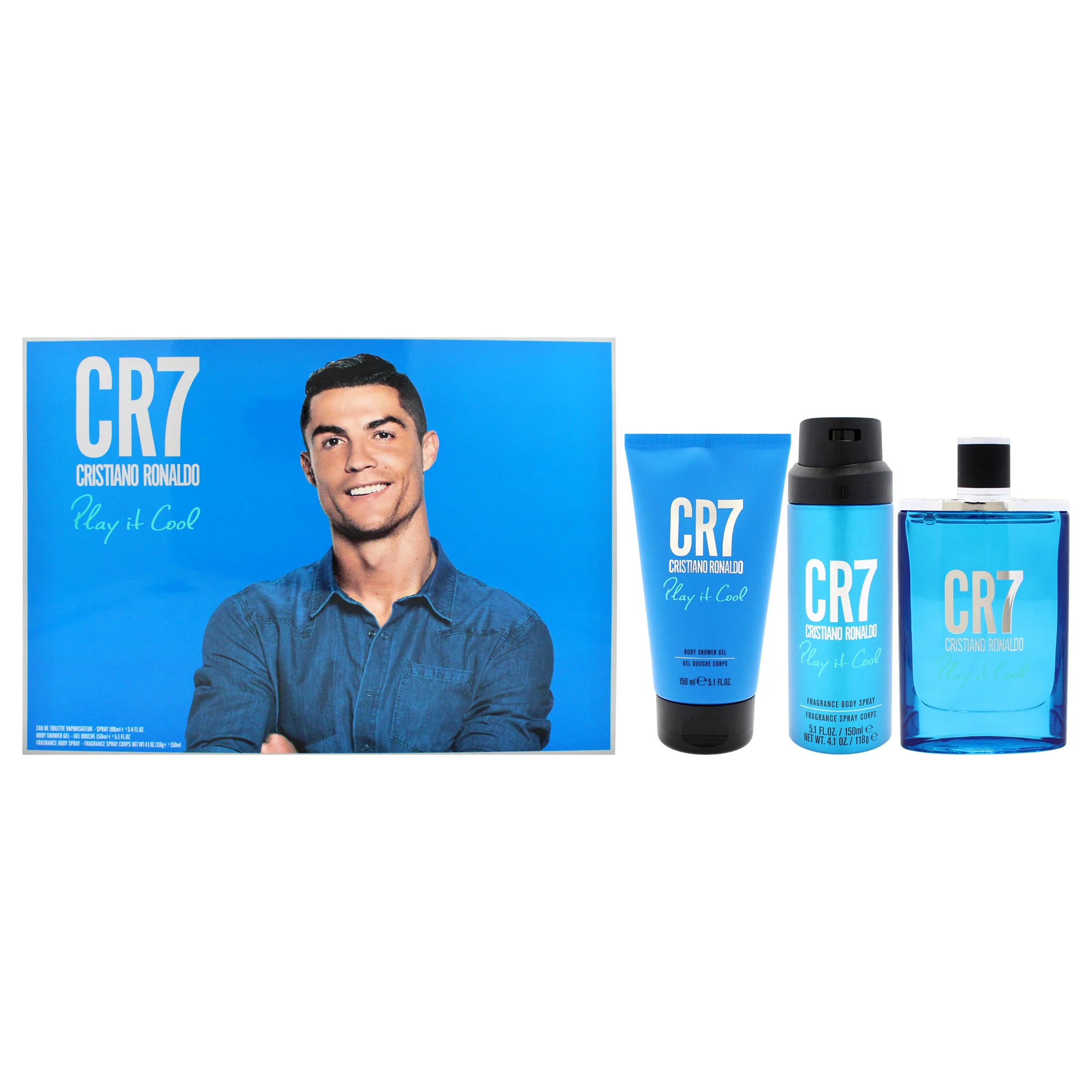 Play It Cool by Cristiano Ronaldo for Men - 3 Pc Gift Set 3.4oz EDT Spray, 5.1oz Shower Gel, 5.1oz Body Spray - Olabens