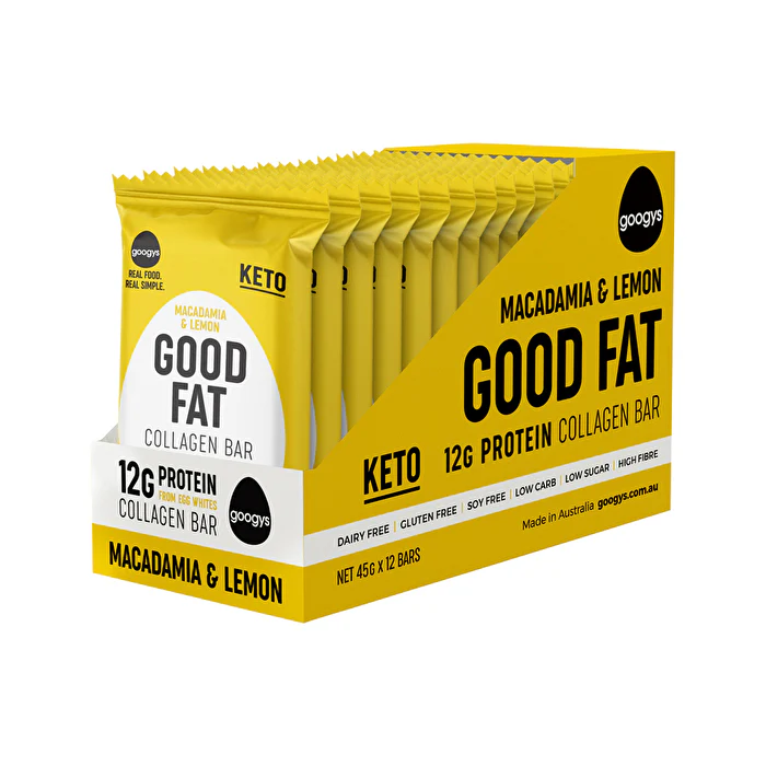 Googys Good Fat Collagen Bar Macadamia & Lemon 45g x 12 Display - Olabens