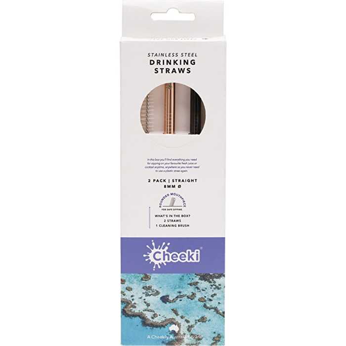Cheeki Stainless Steel Straws Straight Rose Gold & Black +Brush 2pk - Olabens