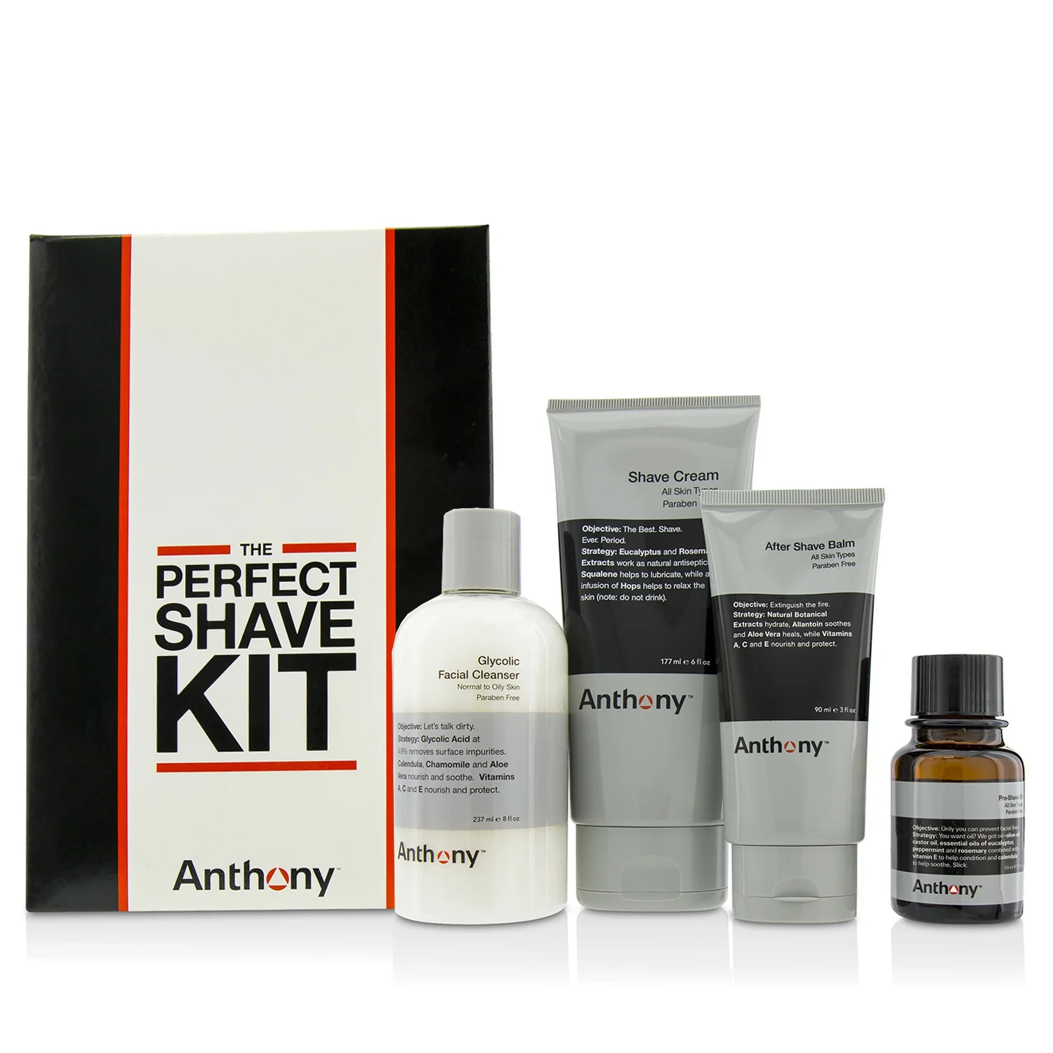 Anthony Logistics For Men The Perfect Shave Kit: Cleanser + Pre-Shave Oil + Shave Cream + After Shave Cream  4pcs - Olabens
