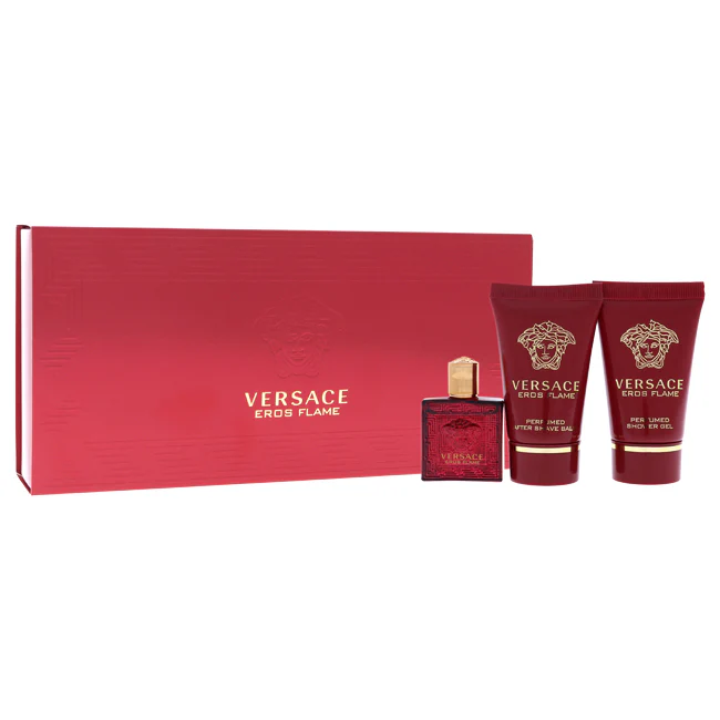 Versace Versace Eros Flame by Versace for Men - 3 Pc Mini Gift Set 5ml EDT Splash, 2 x 25ml Shower Gel, After Shave Balm - Olabens