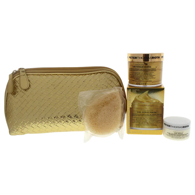 Peter Thomas Roth Glitter & Gold Kit by Peter Thomas Roth for Women - 4 Pc Kit 5oz 24K Gold Mask Pure Luxury Lift & Firm Mask, 1oz 24K Gold Pure Luxury Cleansing Butter, Konjac Sponge, Signature Gold Clutch - Olabens