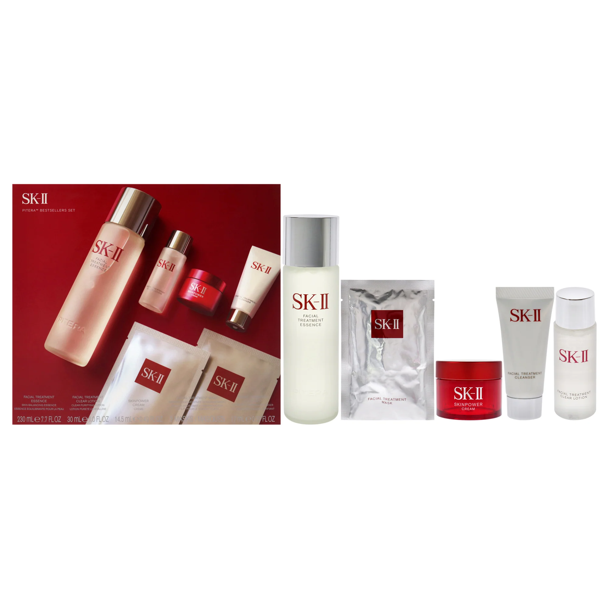 SK II Pitera Bestsellers Set by SK-II for Unisex - 6 Pc 7.7oz Facial Treatment Essence, 1oz Facial Treatment Clear Lotion, 0.49oz Skinpower Cream, 2 Facial Treatment Mask, 0.57oz Facial Treatment Cleanser - Olabens